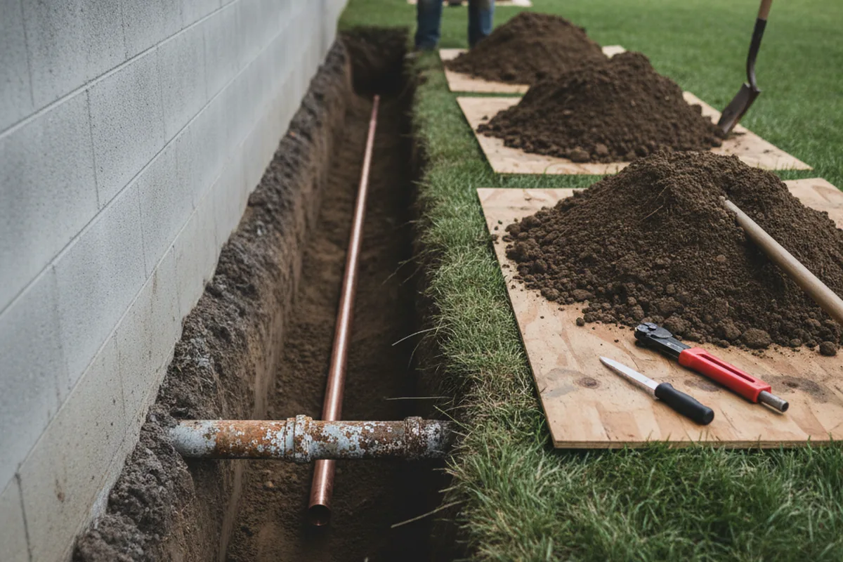 Excavated water line trench during Water Softener Installation in Cogan Station